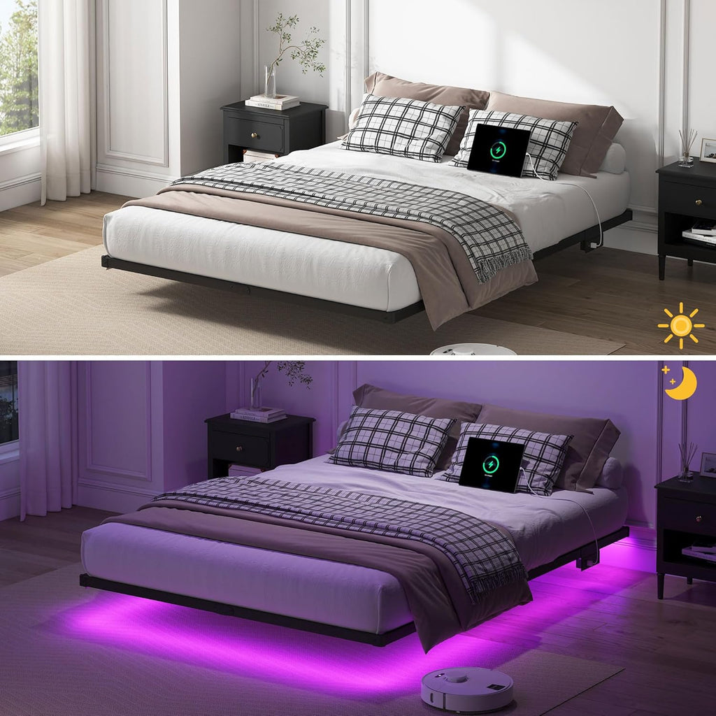YORMDMO Floating Bed Frame Queen Size, Heavy Duty Bedframe with Smart LED Lights & Charging Station, Modern Metal Platform Bed, Easy Assembly No Box Spring Needed, 8 Inch