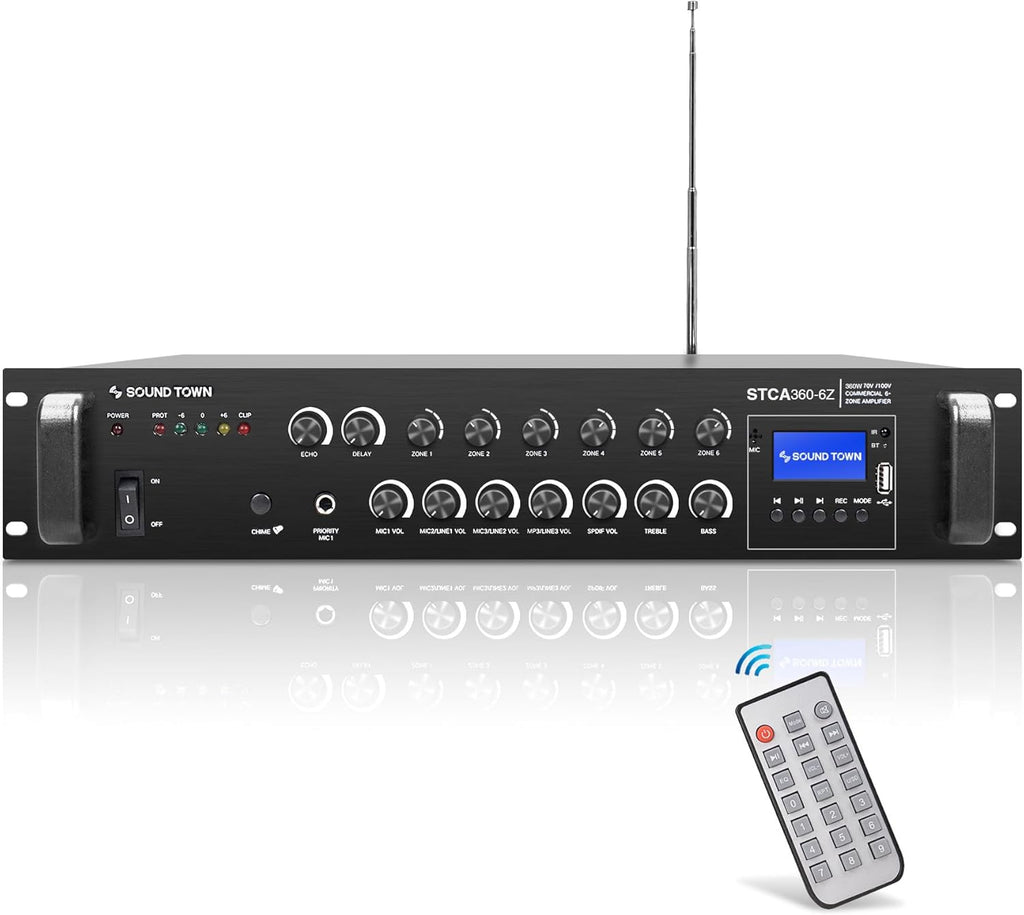 Sound Town 360W 6-Zone 70V/100V Commercial Power Amplifier with Bluetooth, Optical, Phantom Power, for Restaurants, Lounges, Bars, Pubs, Schools (STCA360-6Z)