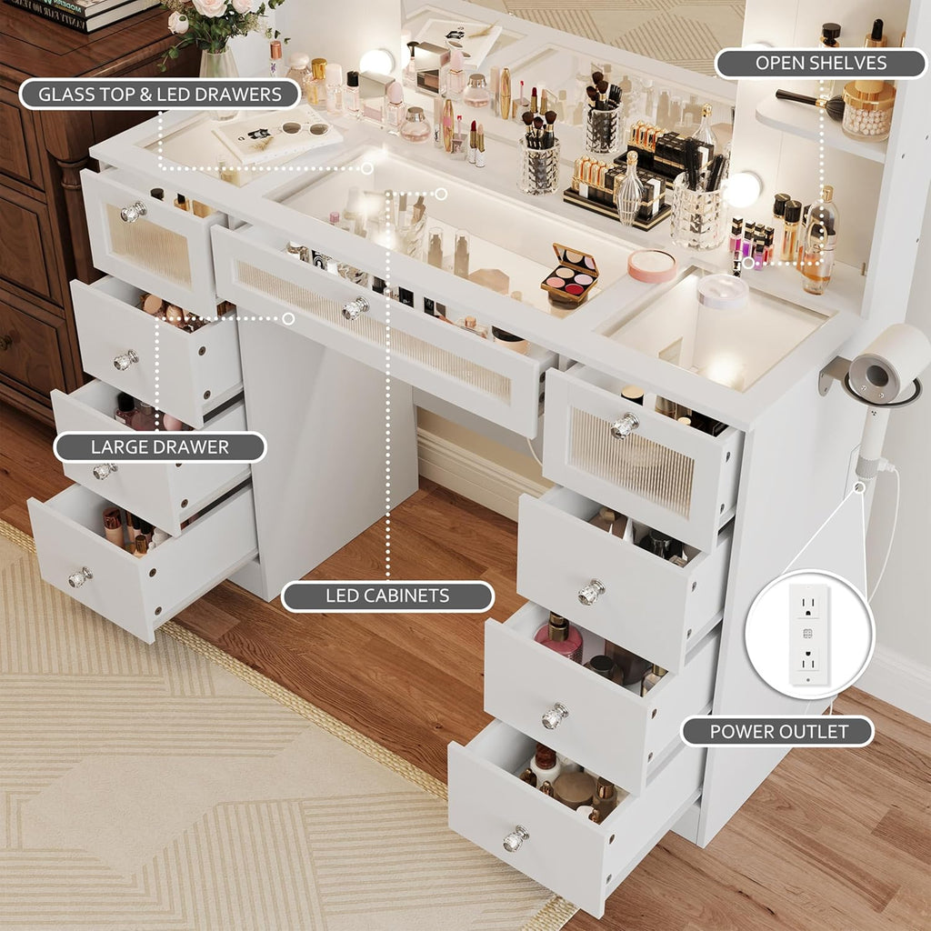 White Vanity with Lighted 23.5” Mirror, Glass Top Vanity Desk with 9 Drawers & 3 Color Hollywood Bulbs & 4 Shelves & Acrylic & Power Outlet, Makeup Desk Dressing Table for Bedroom