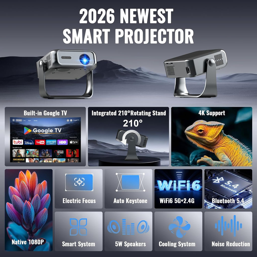 Smart Outdoor Projector with WiFi and Bluetooth, Officially-Licensed Apps, 4K Support Portable Movie Projector, Electric Focus & Auto Keystone, 210° Rotatable Stand, Mini Proyector for Home Theater
