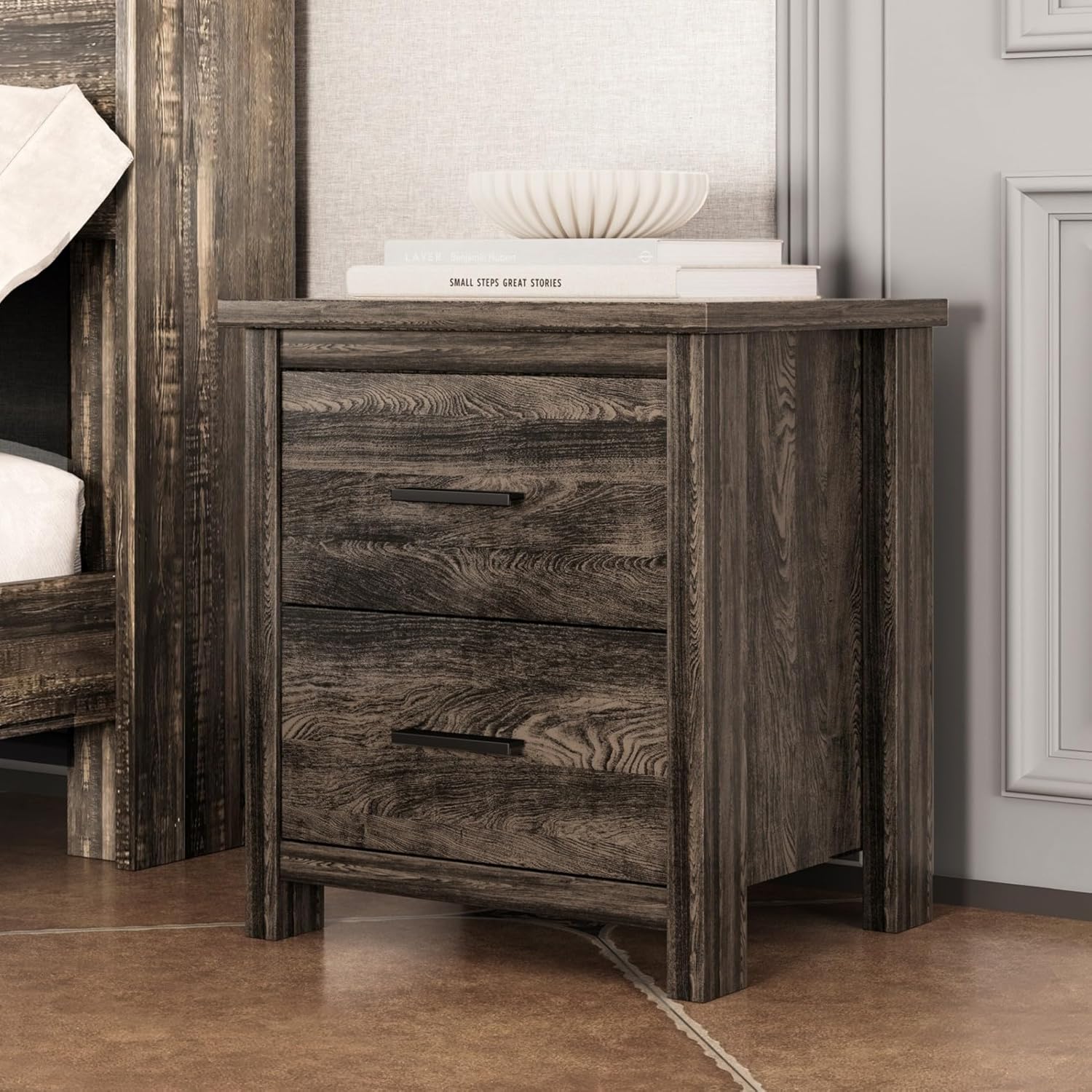Merax 4-Pcs Queen Size Bed Frame Dresser Night Stand Bedroom Set, Platform with USB Charging Ports Storage Headboard & 1 x 5 Drawers Cabinet & 2 x Nightstands, Wooden, Antique Grey