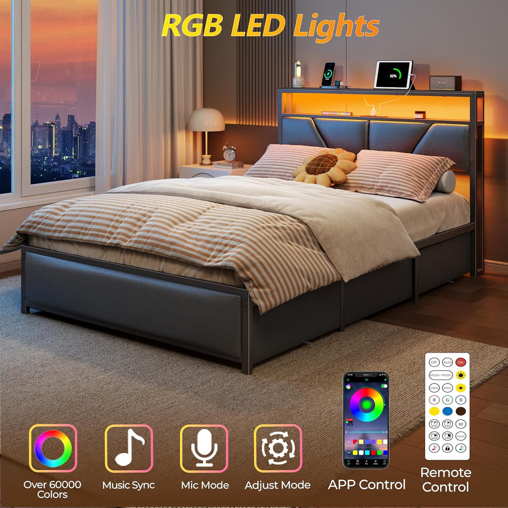 OURPIC Full Size Bed Frame, 2-Tier Storage Headboard & 6 Fabric Drawers, PU Leather Upholstered Platform Bed Frame Full with Charging Station and LED Lights, No Box Spring Needed, Noise Free
