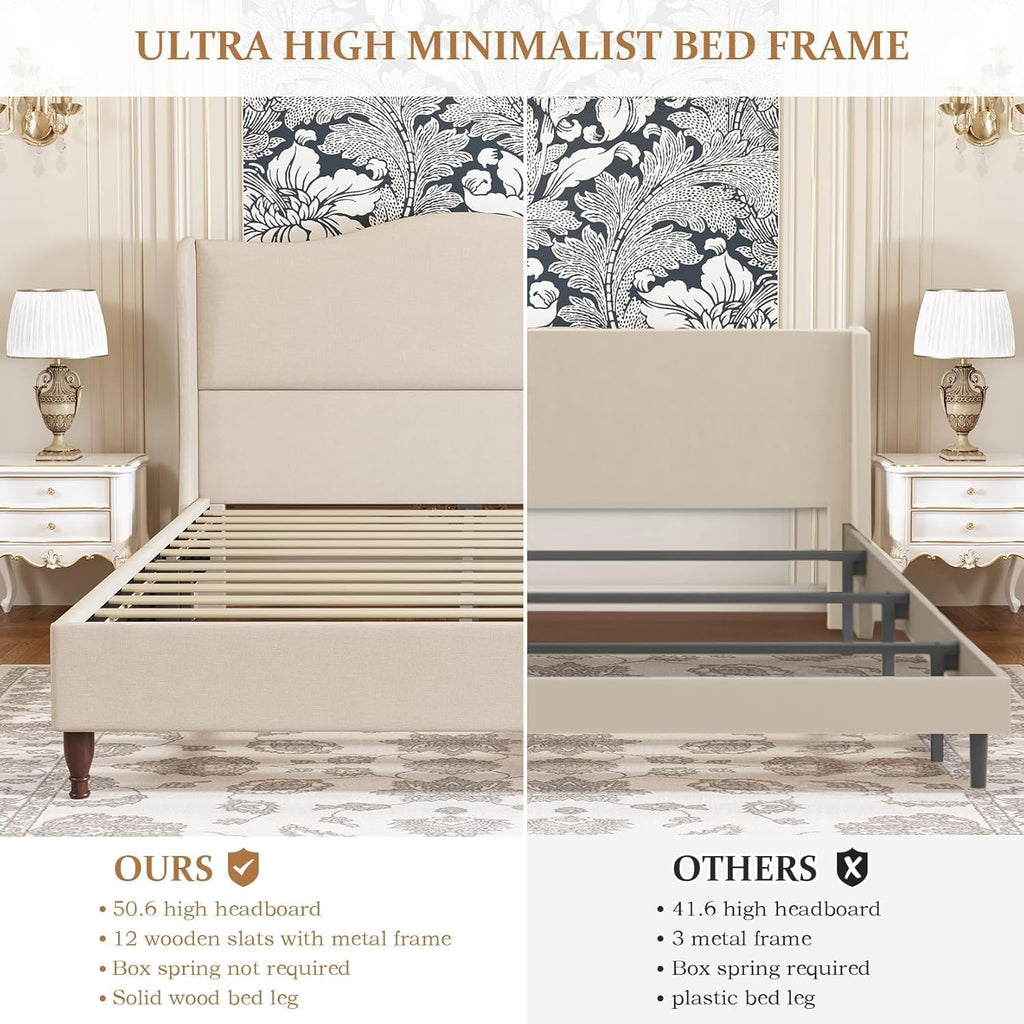 koorlian Queen Size Bed Frame Upholstered Platform Bed with 51" Tall Headboard Wingback, Soft Fabric, Retro Simple Style Platform Bed No Box Spring Needed, Easy Assembly, Beige