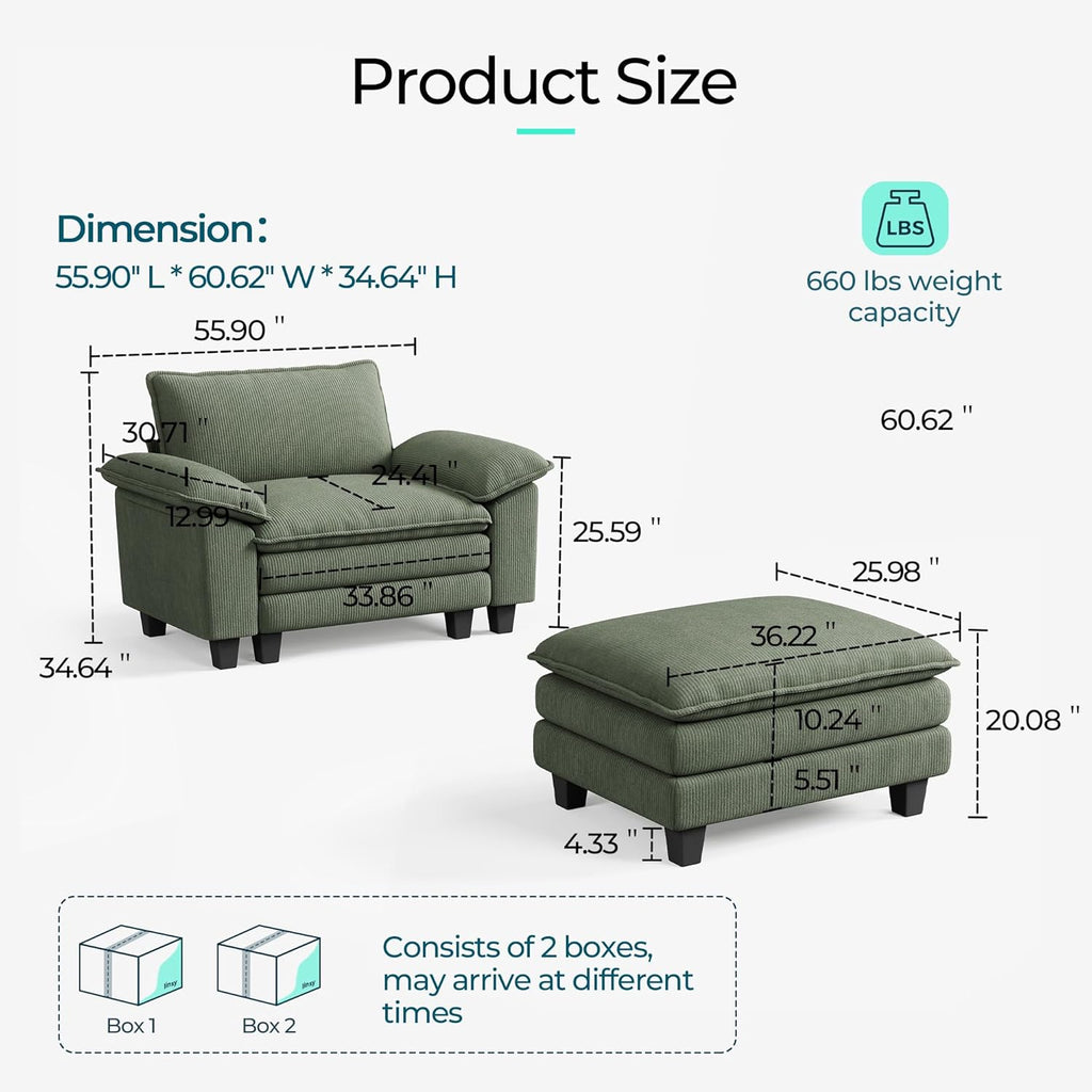 LINSY HOME Cloud Sofa Accent Chair with Ottoman Chaise Lounge Chair Indoor, Corduroy Couch Sofa Chair for Living Room Apartment Bedroom Office, Green