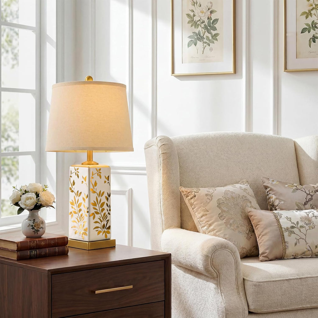 24.25" Mid Century Modern Lamp Set of 2, Vintage Farmhouse Chinoiserie Ceramic Table Lamps, Reflective Gold Leaf Pattern Bedside Lamps for Bedroom Living Room Nightstand, White & Gold