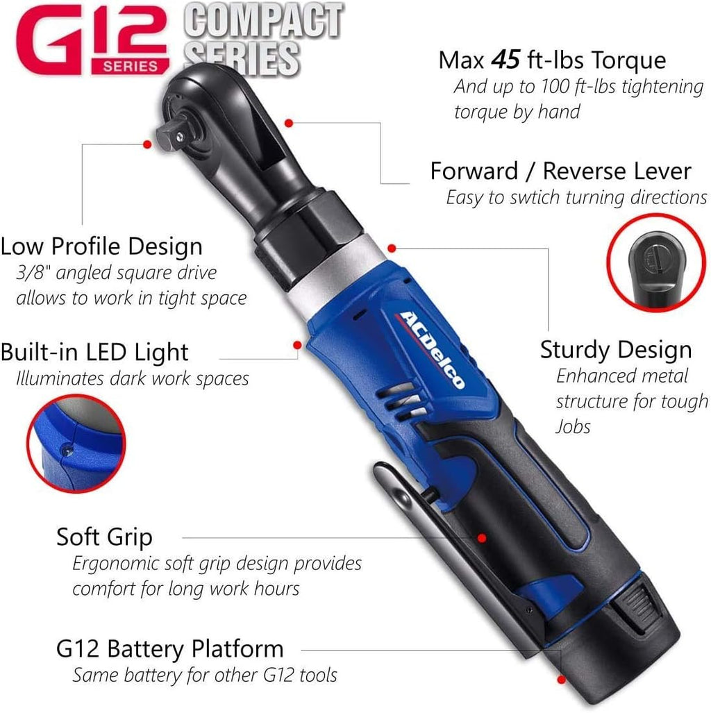 ACDelco G12 Series 12V Cordless Ratchet Combo Kit, 3/8" (45 ft-lbs) & 1/4" (30 ft-lbs), Electric Ratchet Wrench with (1) Li-ion Battery and Charger, 240 RPM, 2-Tool Set with Canvas Bag, ARW1209-K9