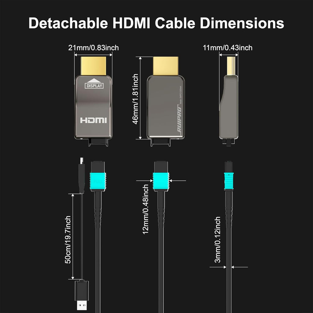 RUIPRO 8K Detachable Full Fiber Optic Armored HDMI 2.1 Cable 100FT, Ultra High Speed 48Gbps, Support 8K@60Hz 4K@120Hz, Dynamic HDR, eARC, Compatible with PS5/Xbox/Blu-ray/TV/Monitor/Projector