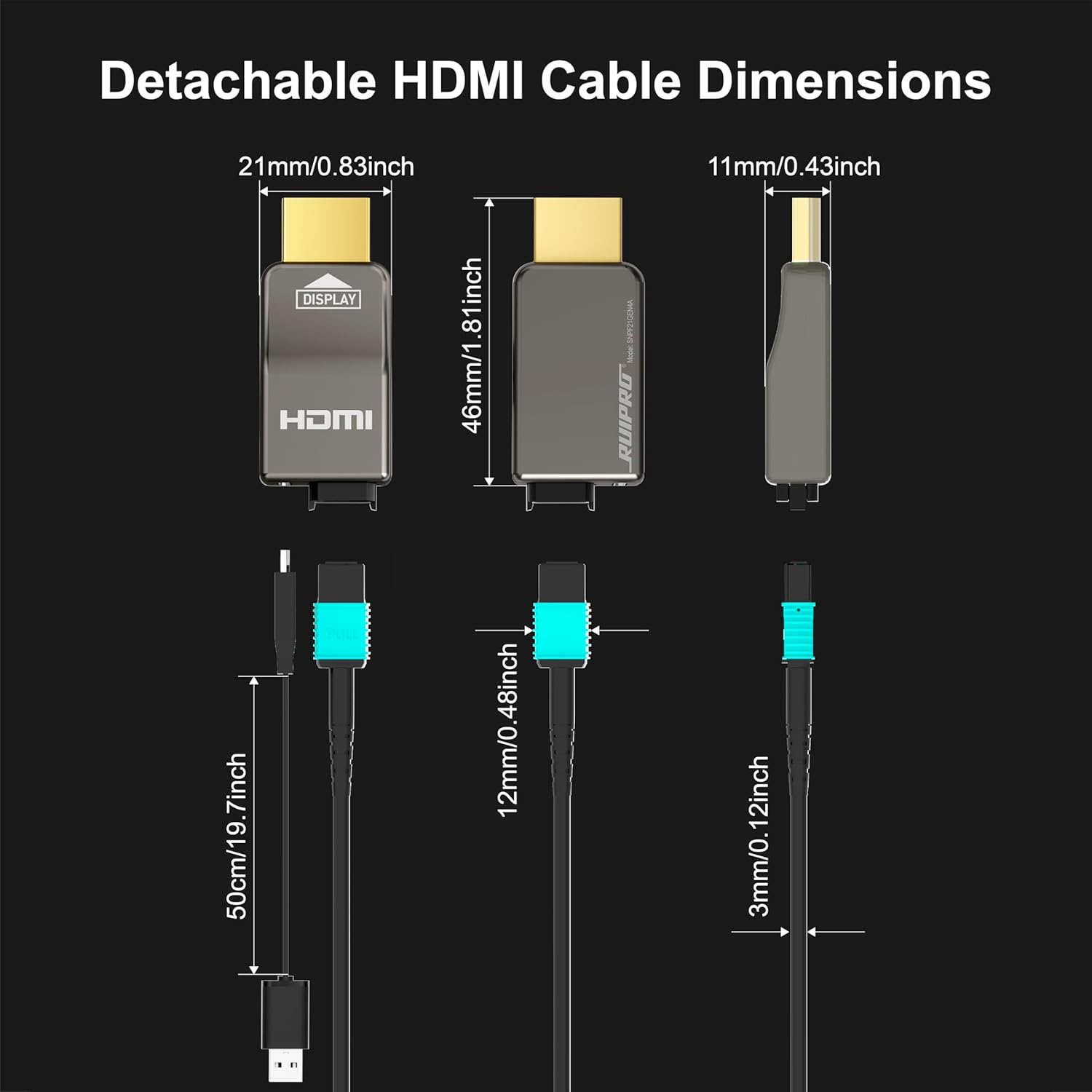 RUIPRO 8K Detachable Full Fiber Optic Armored HDMI 2.1 Cable 100FT, Ultra High Speed 48Gbps, Support 8K@60Hz 4K@120Hz, Dynamic HDR, eARC, Compatible with PS5/Xbox/Blu-ray/TV/Monitor/Projector