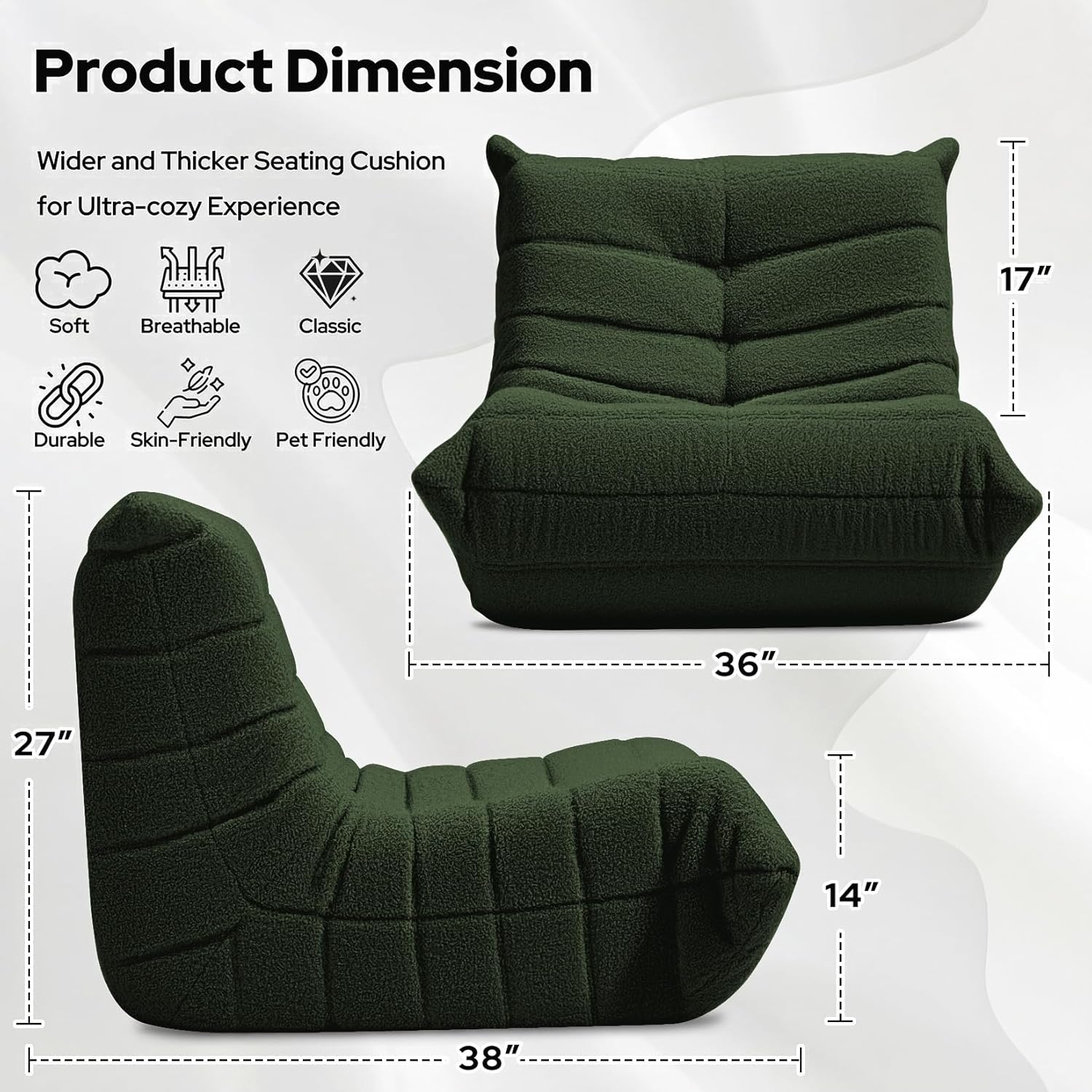HABUTWAY Bean Bag Chairs Fireside Lazy Floor Sofa, Soft Teddy Fleece Bean Bag Sofa with High-Resilience Foam Filling .Beanbag for Living Room, Bedroom, Office (Green Teddy)
