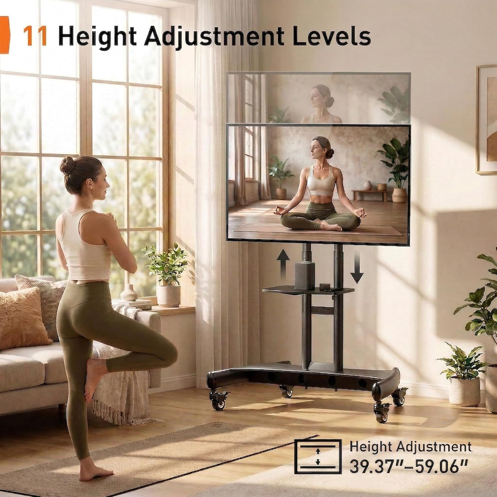 Perlegear Mobile TV Cart for 32-82 Inch Flat/Curved LED/LCD/OLED TVs Rolling TV Stand with Height Adjustable Shelf Max VESA 600x400mm up to 100lbs- Outdoor TV Stand Trolley with Wheels PGTVMC05-1