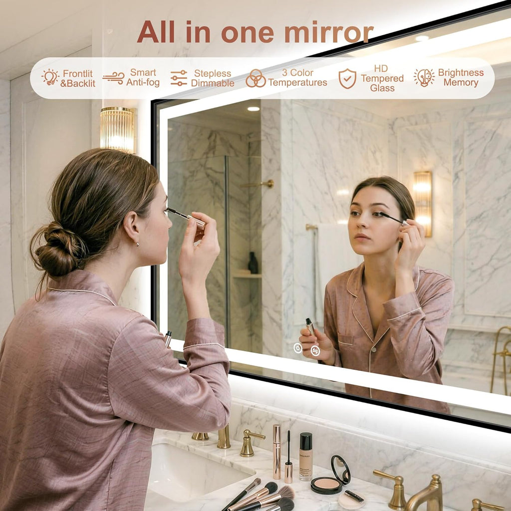 LED Bathroom Mirror with Lights, Black Framed Lighted Vanity Mirror, Front & Backlit, 55"x30", Anti-Fog, Dimmable 3 Color Temperature, Memory, Shatterproof Tempered Glass