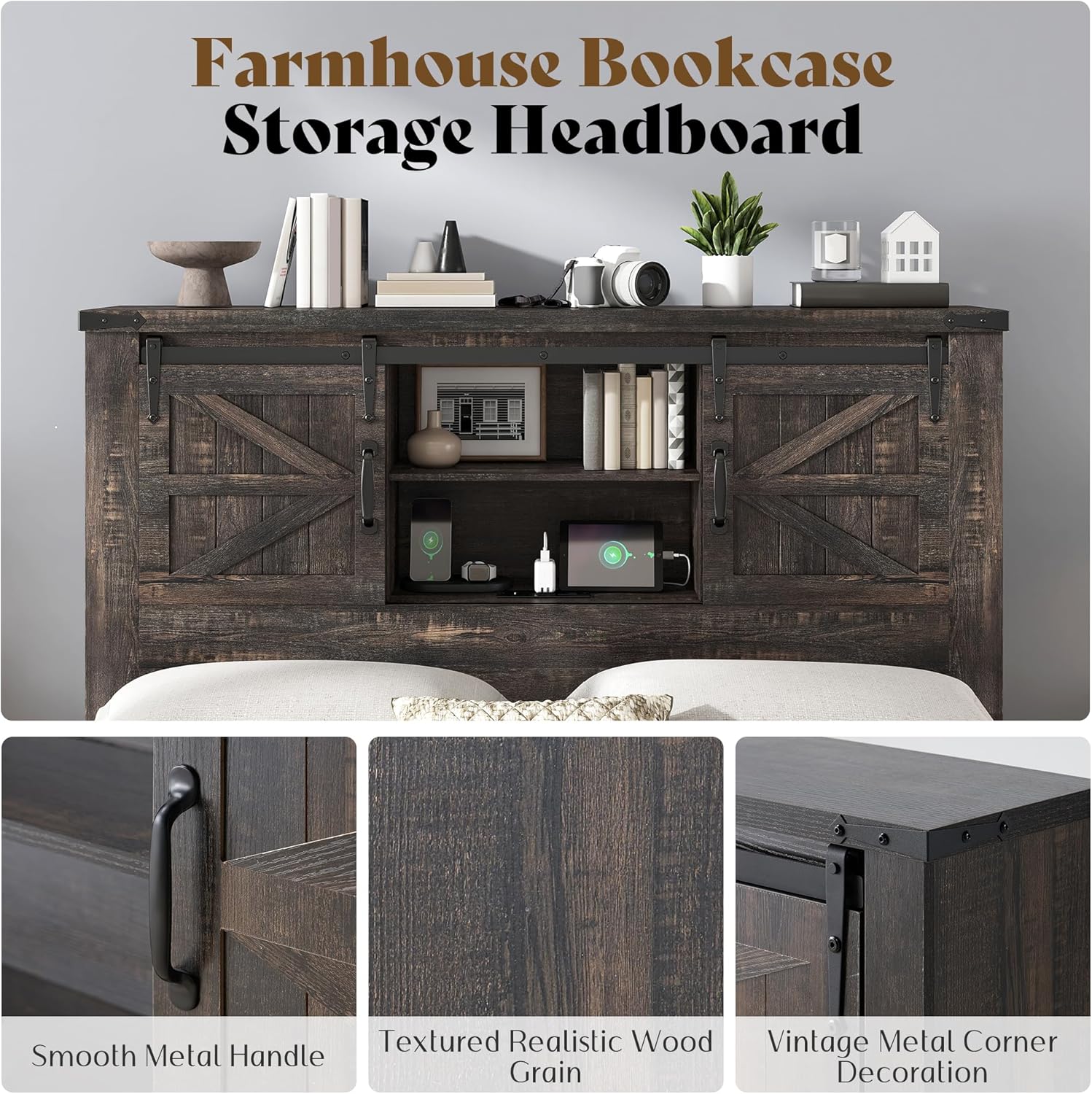 AMERLIFE Farmhouse Queen Bed Frame with Storage Headboard & Charging Station, Rustic Wood Platform Bed with Barn Door Bookcase, No Box Spring Needed, Dark Oak Bedroom Furniture