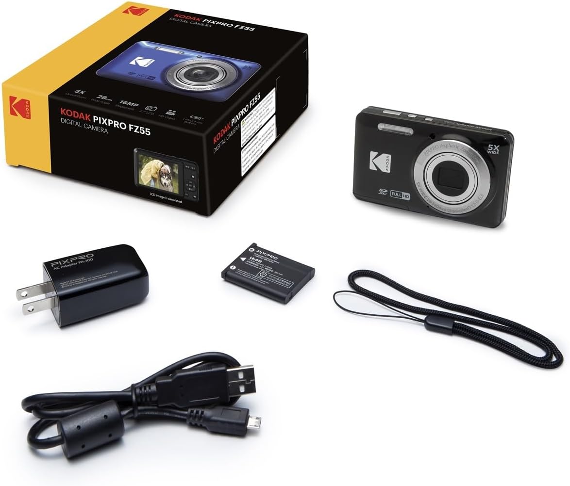 Kodak PIXPRO FZ55 Digital Camera (Black) + 32GB Memory Card + Point and Shoot Camera Case + Extendable Monopod + Lens Cleaning Pen + LCD Screen Protectors + Table Top Tripod â€“ Ultimate Bundle