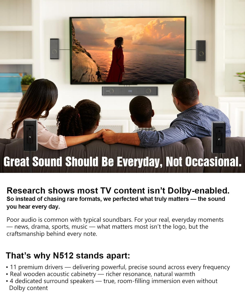 5.1.2 Virtual Surround Sound System for Small Rooms, Compact Smart TV Sound Bars Home Theater w/4 Wired Speakers, Clear Voice & Deep Bass, 5.25'' Wired Subwoofer Soundbar Easy Setup, ARC/OPT/BT, 2026