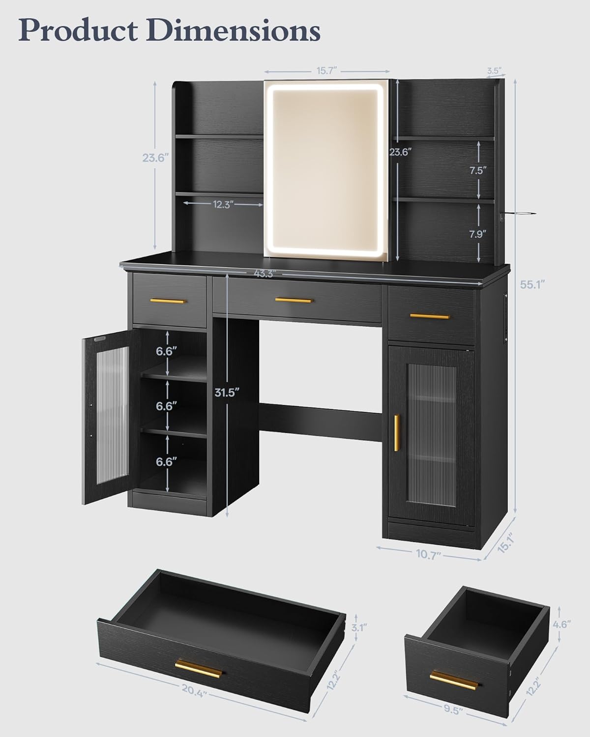 Memobarco Vanity Desk with Mirror and Lights, 43.5" Makeup Vanity with 3 Adjustable Lighting Modes, Large Vanity Desk with Sliding Mirror with 4 Drawers & 2 Cabinets, Power Outlets, Black