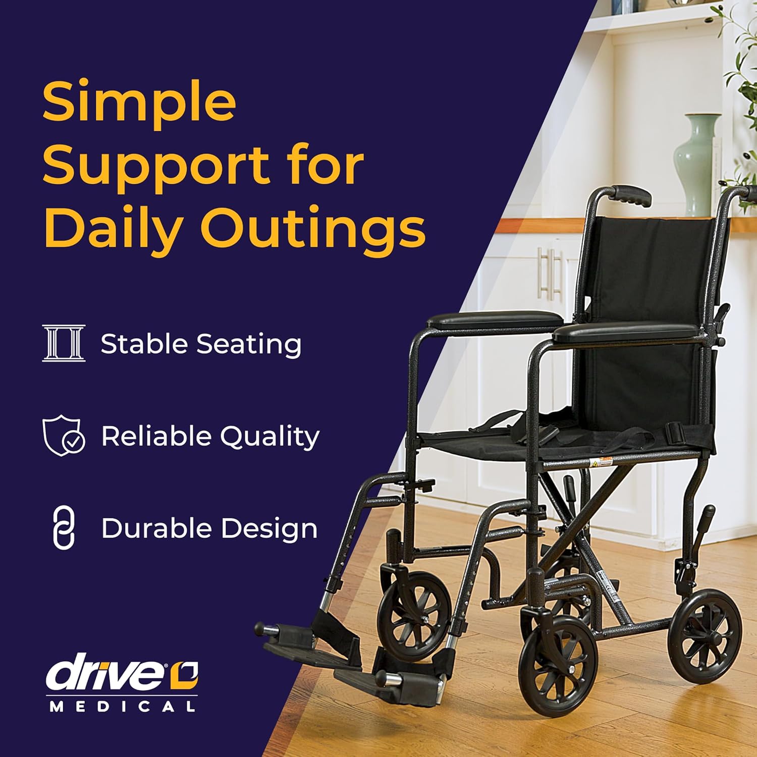 Drive Medical Lightweight Folding Transport Wheelchair - Reliable Mobility Support - Durable Steel Frame - Swing-Away Footrests - Compact Travel Design - Silver
