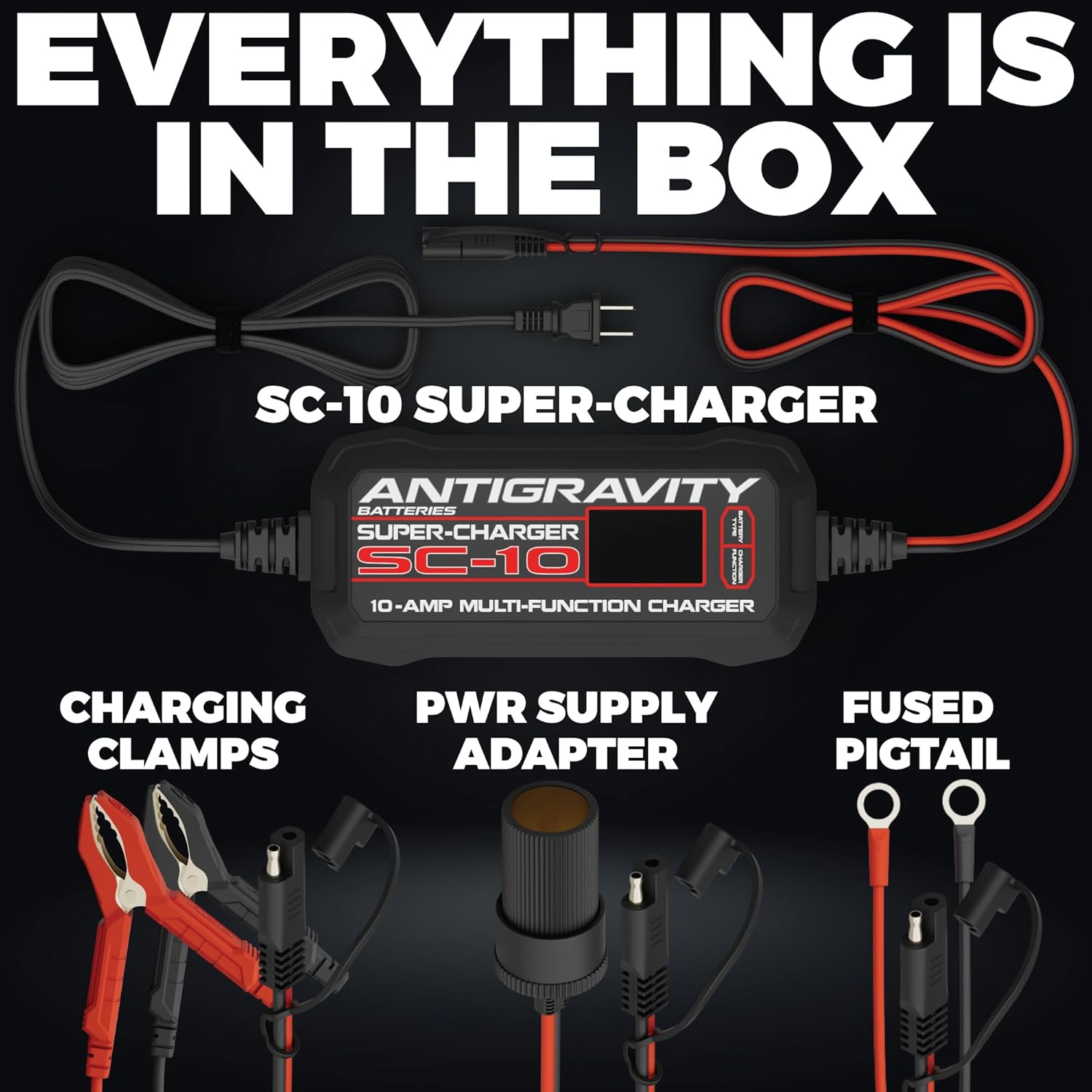 Antigravity SC-10 Super-Charger 10A Smart Battery Charger & Maintainer for 6V/12V Lithium (LiFePO4) & 12V Lead-Acid Batteries – Wall-Powered, LCD Display, Power Supply Mode, BMS Reset