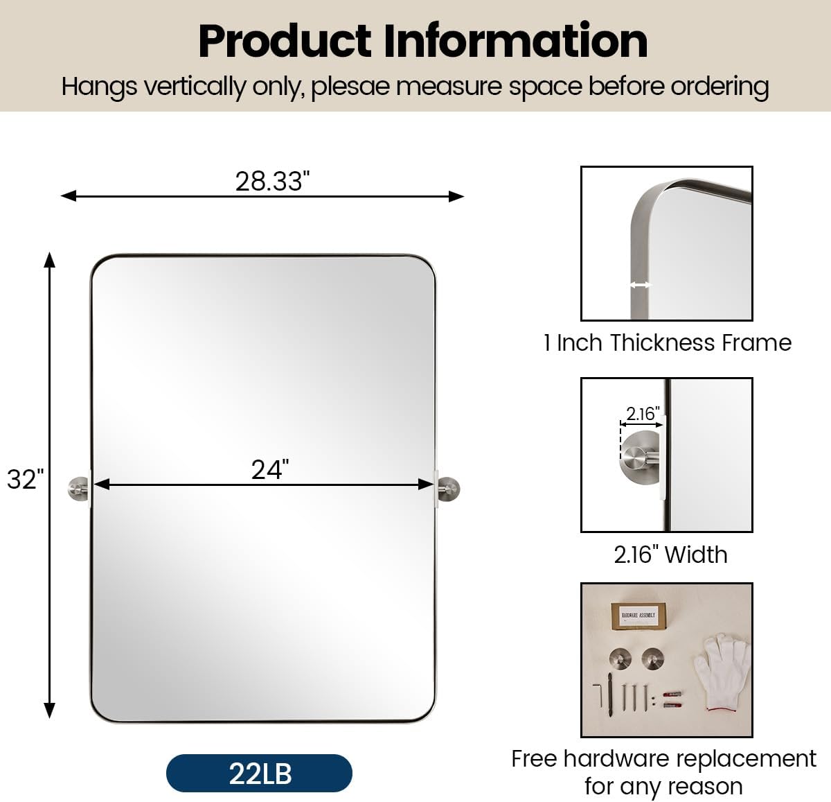 MOON MIRROR Brushed Nickel Pivot Mirror for Bathroom, Tilt Rounded Rectangle for Vanity, Overall 28.33 x 32 in (Mirror 24x 32 in)
