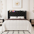 Allewie Queen Size Bed Frame, Storage Headboard with Charging Station, Wingback Velvet Upholstered, Diamond Stitched Button Tufted, Sturdy Wooden Slats, No Box Spring Needed, Easy Assembly, Black
