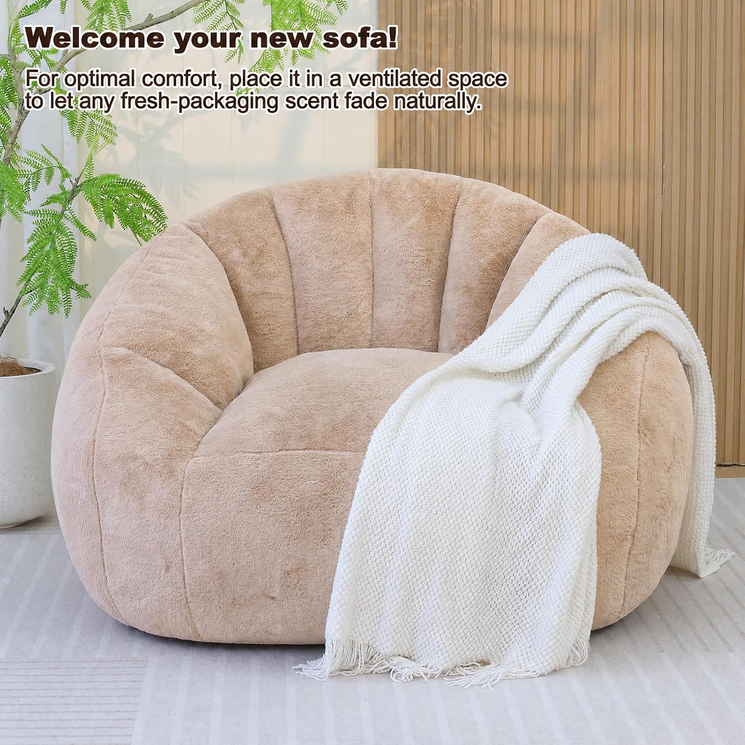 Giant Bean Bag Chair for Adults, Teens and Kids, Cozy Fluffy Corduroy Beanbag Chair with Filler, Large Floor Lounge Sofa for Living Room, Bedroom, Dorm, Gaming and Reading(Khaki)