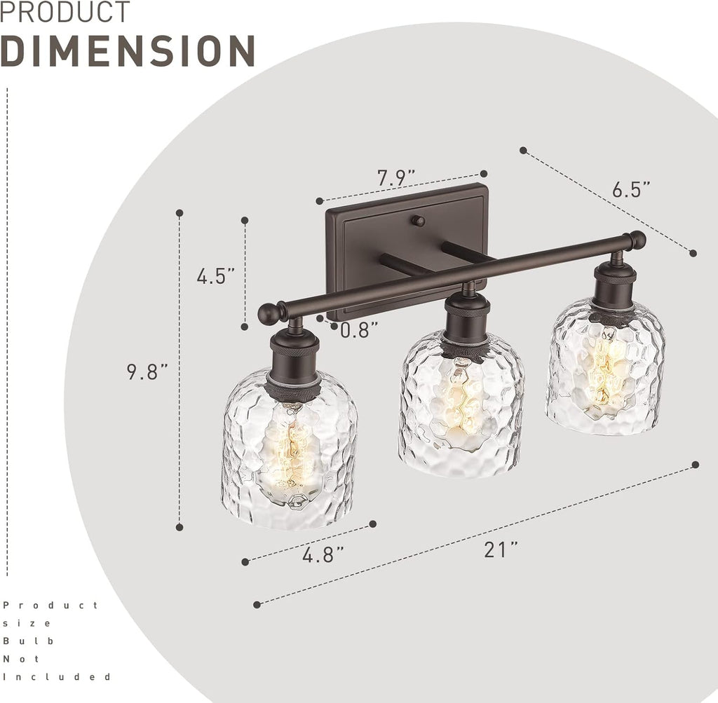 zeyu 3-Light Farmhouse Vanity Light Over Mirror, 21-inch Bathroom Light Fixtures with Hammered Glass Lampshade, Oil Rubbed Bronze Finish, ZJF63B-3W ORB