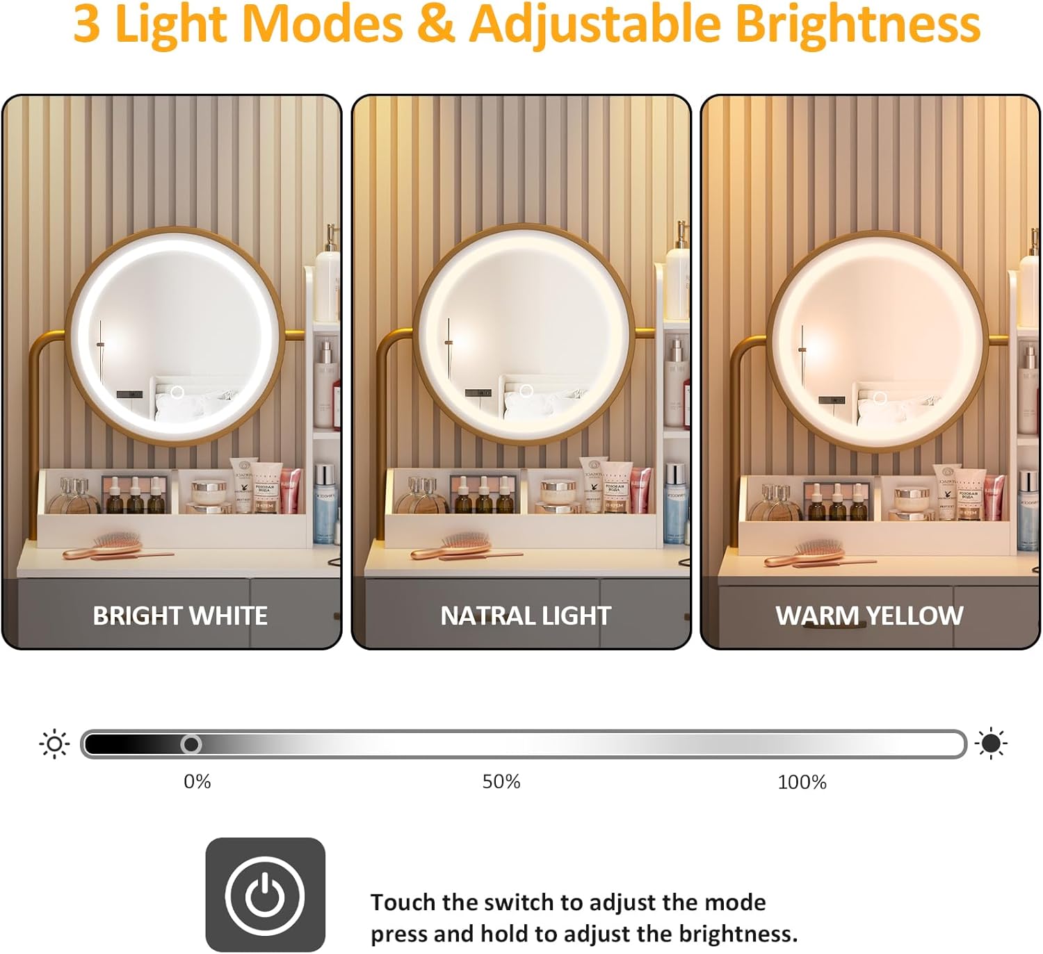 Vabches Makeup Vanity with Round Mirror and Lights, White Vanity Makeup Table with Charging Station, Small Vanity Table for Bedroom, 3 Lighting Modes, 31.5in(L)