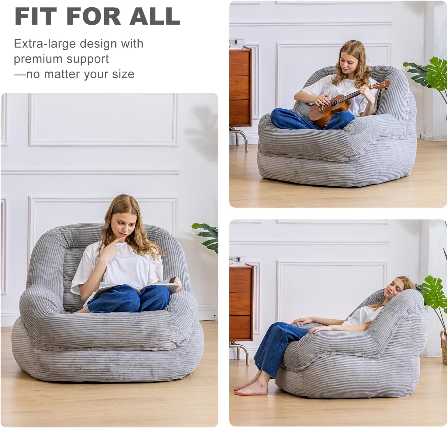 Giant Bean Bag Chair with Armrests - Oversized Cozy Seating for Adults, Corduroy Fabric & High-Resilience Foam Filling, Ideal Lounge for Living Room, Bedroom & Gaming Room (Grey)