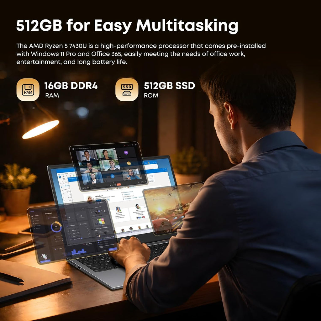 15.6" Laptop Computer 2-in-1 AMD Ryzen 7430U (Beat i7-1355U) Win11 Pro, MS Office 365 Traditional Laptops 16GB 512GB SSD Backlit Keyboard Full HD IPS Display 1MP Camera Type-C BT 5.0 HDMI