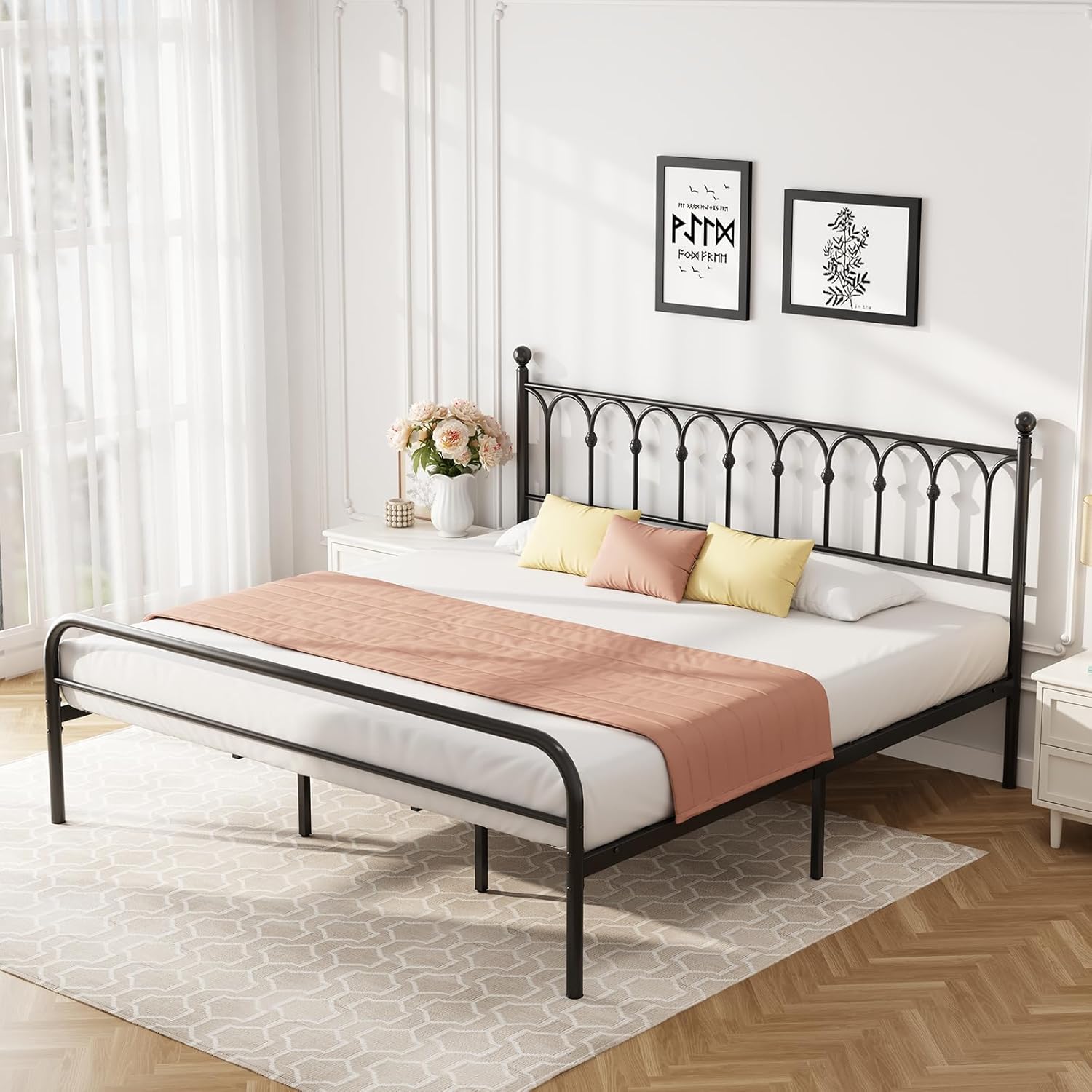 DUMOS King Size Bed Frame with Iron-Art Headboard, Heavy Duty Metal Platform Bed, 11.9" Under-Bed Storage, No Box Spring Needed, Easy Assembly, Modern Black