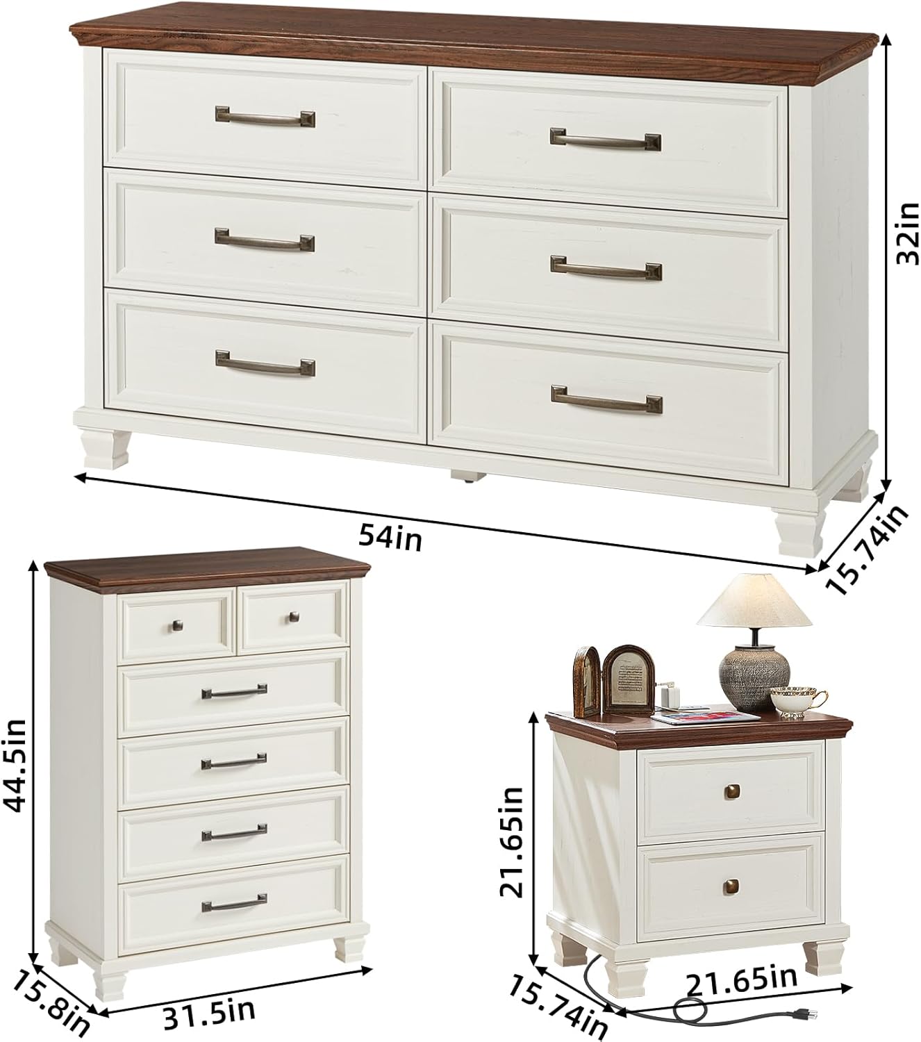 SAVOR LIFE Farmhouse Bedroom Dresser and Nightstand Set of 4, 6 Drawer Tall & Low Dresser & 2 Drawer Nightstand Set, Rustic Wood Furniture Set for Bedroom, Hallway, White