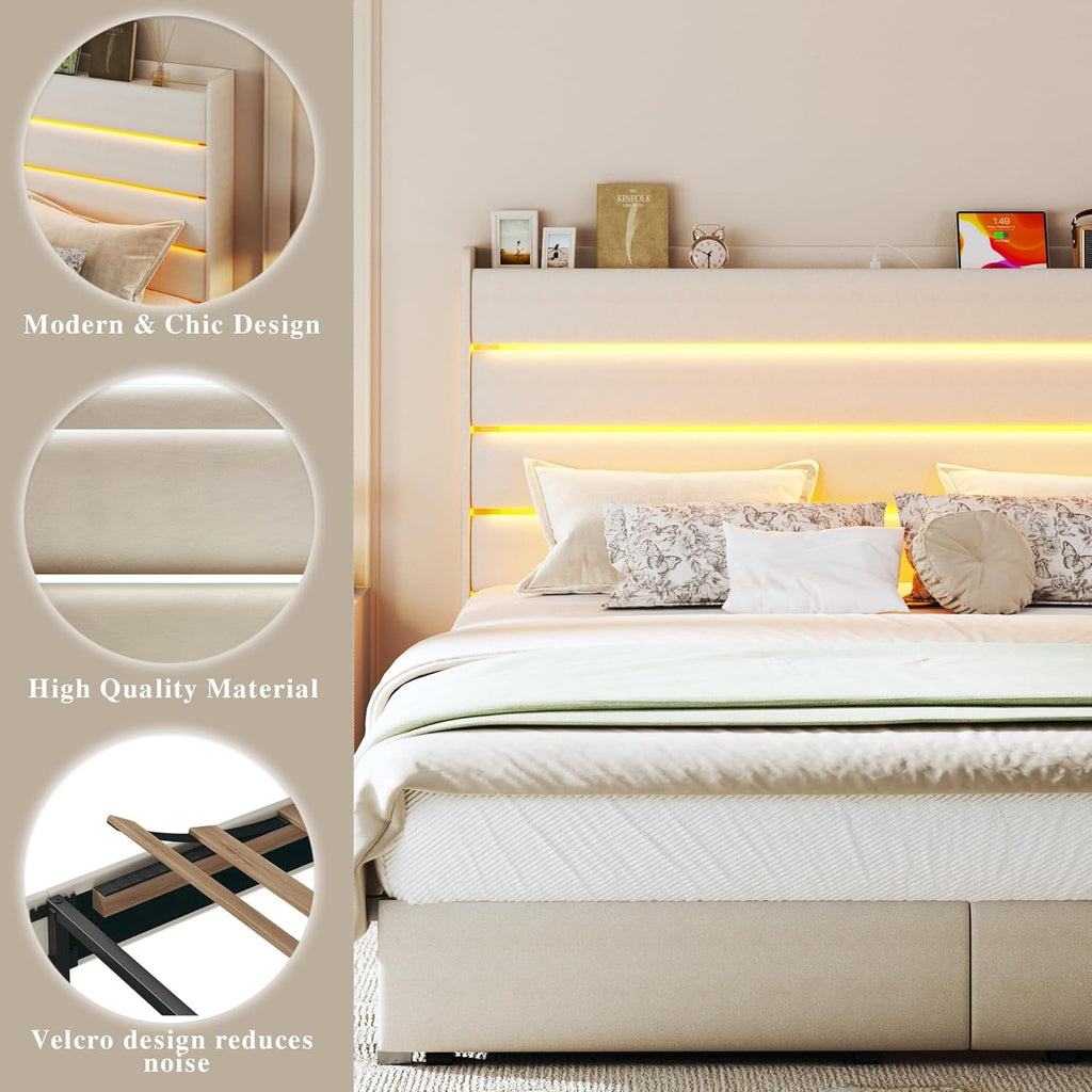 Queen Bed Frame with 2 Storage Drawers, Velvet Upholstered Bed Frame Queen Size Upholstered Headboard with LED Light & Charging Station, Platform Bedframe with Metal Slats, No Box Spring Needed, White