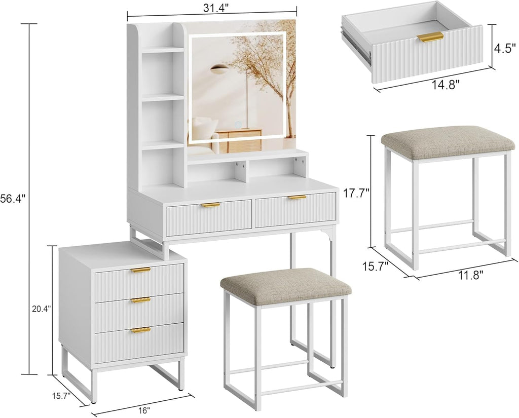 GarveeHome Makeup Vanity Desk with Mirror and Lights, 5-Drawer Vanity Table with Stool and Removable Side Storage Cabinet, Space-Saving Vanity Set for Bedroom