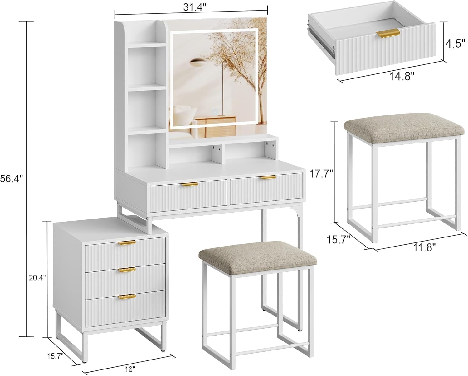 GarveeHome Makeup Vanity Desk with Mirror and Lights, 5-Drawer Vanity Table with Stool and Removable Side Storage Cabinet, Space-Saving Vanity Set for Bedroom
