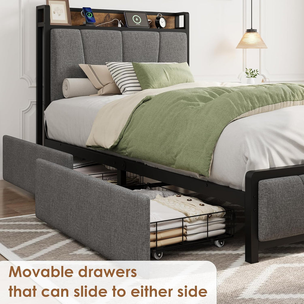 GAOMON Twin Size Bed Frame with 2 Storage Drawers and Charging Station, Rustic Linen Upholstered Platform Bedframe with Storage Headboard, Heavy Duty, No Box Spring Needed, Easy Assembly, Noise Free