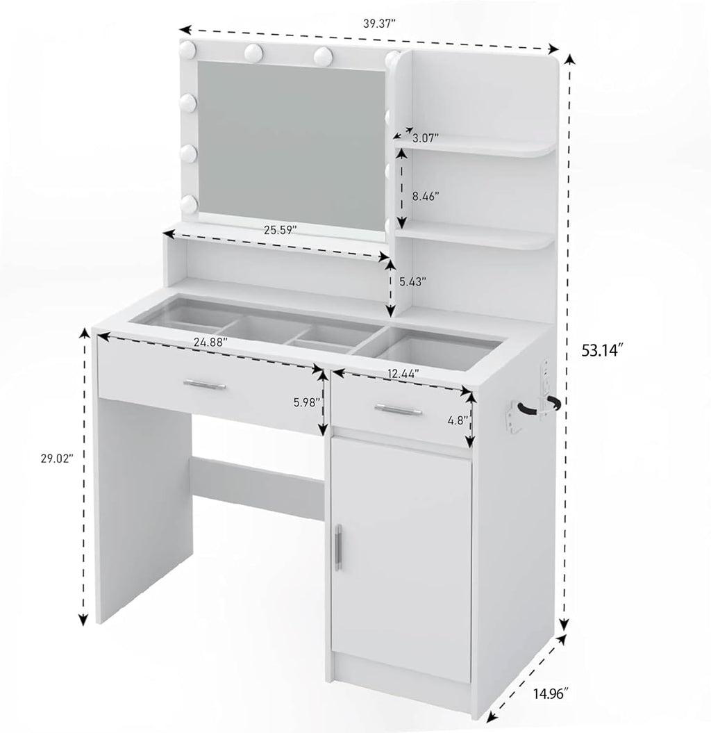 White Vanity Desk with Mirror and Lights, Vanitys with Glass Top & Power Outlet, Dressing Table with 36 Lighting Modes Brightness Adjustable RGB Drawers, for Women Girls Bedroom (White)