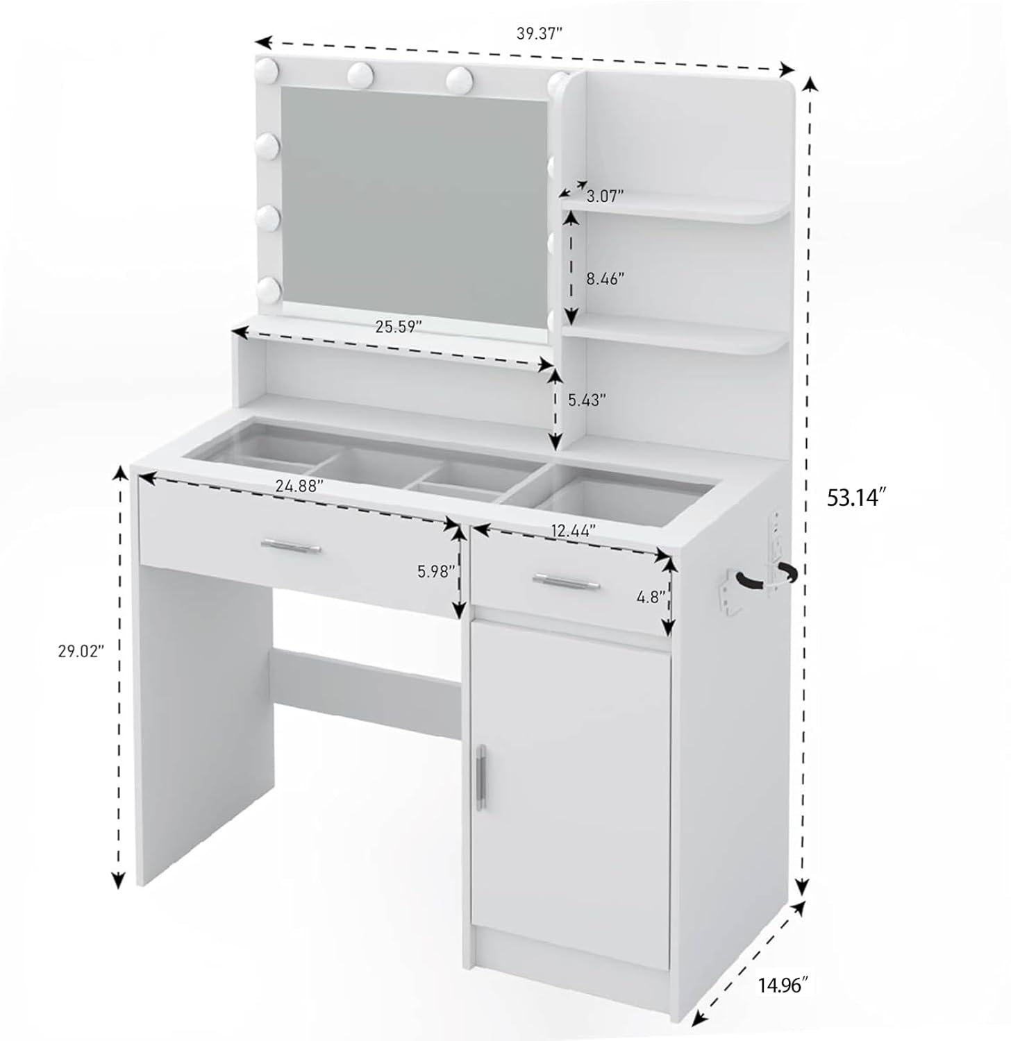 White Vanity Desk with Mirror and Lights, Vanitys with Glass Top & Power Outlet, Dressing Table with 36 Lighting Modes Brightness Adjustable RGB Drawers, for Women Girls Bedroom (White)