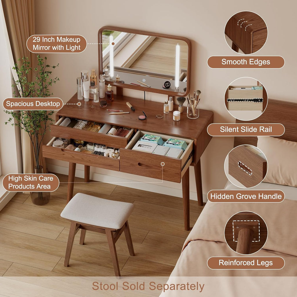 Solid Wood Vanity with Mirror and Lights, Adjustable Brightness, Wood Makeup Vanity with 3 Drawers, Semi-Assembled, Vanity Desk for Bedroom (Walnut)