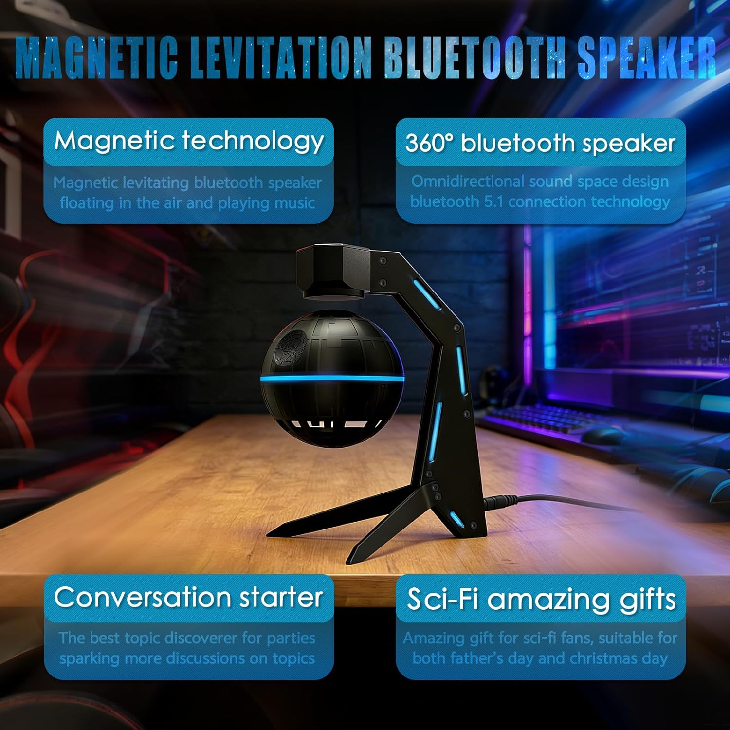 Magnetic Levitation Bluetooth Speaker, Aluminum Alloy Base, Floating & Spinning in air, 360° Surround Sound, Cool Sci-Fi Gadget for Men, Unique Home Office Desktop Decor