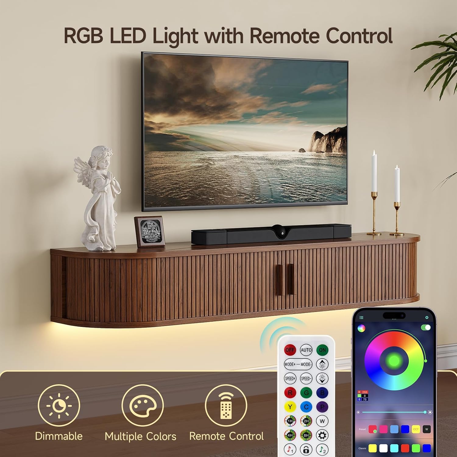 55" Floating TV Stand with Power Outlet for TVs up to 65", Fluted Entertainment Center with Remote Control for LED Lights, Mid-Century Modern TV Console w/Sliding Door for Living Room, Bedroom Walnut
