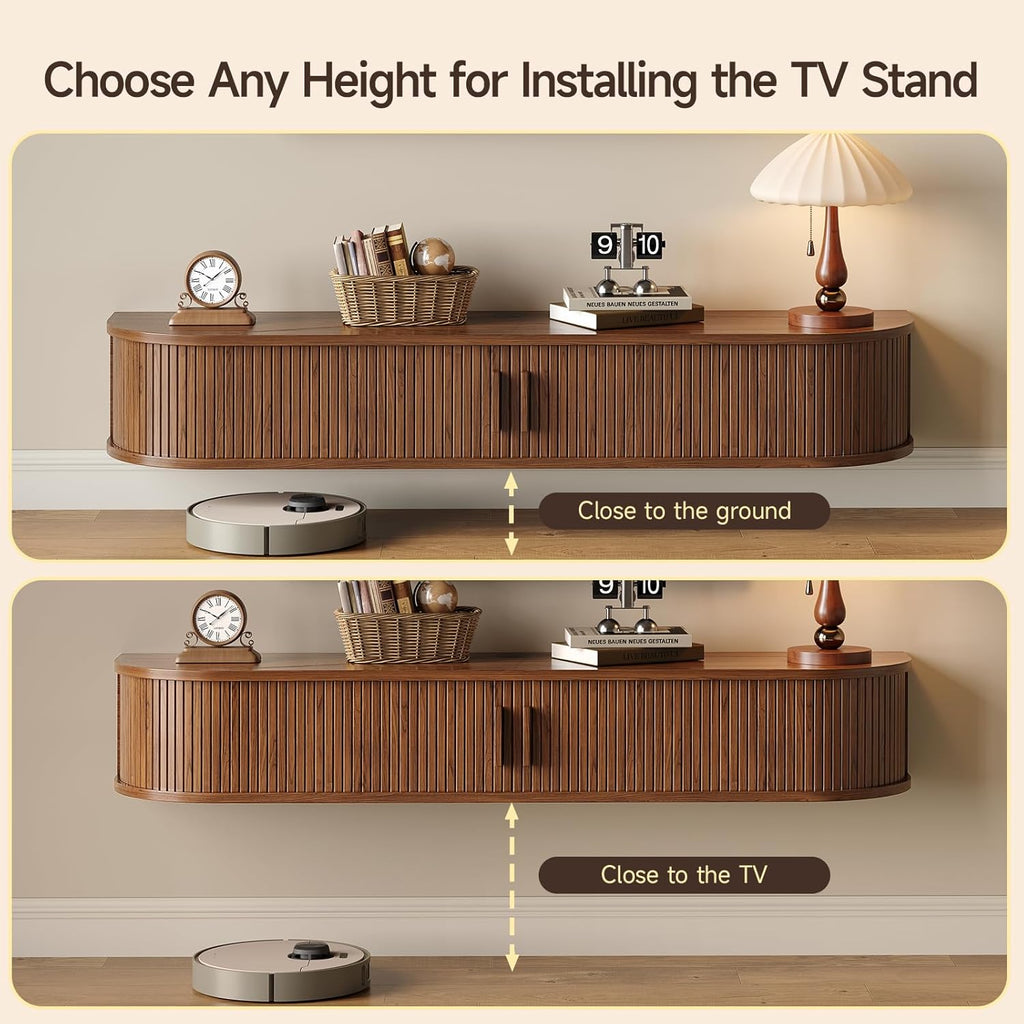 55" Floating TV Stand with Power Outlet for TVs up to 65", Fluted Entertainment Center with Remote Control for LED Lights, Mid-Century Modern TV Console w/Sliding Door for Living Room, Bedroom Walnut