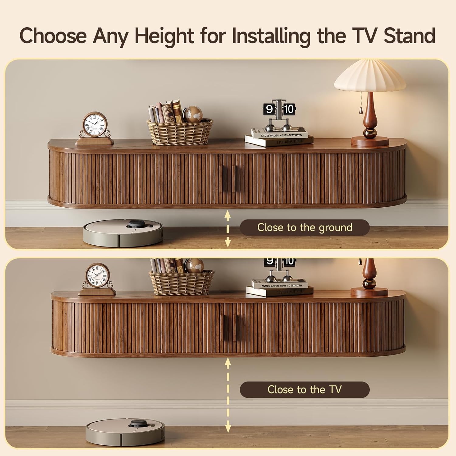55" Floating TV Stand with Power Outlet for TVs up to 65", Fluted Entertainment Center with Remote Control for LED Lights, Mid-Century Modern TV Console w/Sliding Door for Living Room, Bedroom Walnut