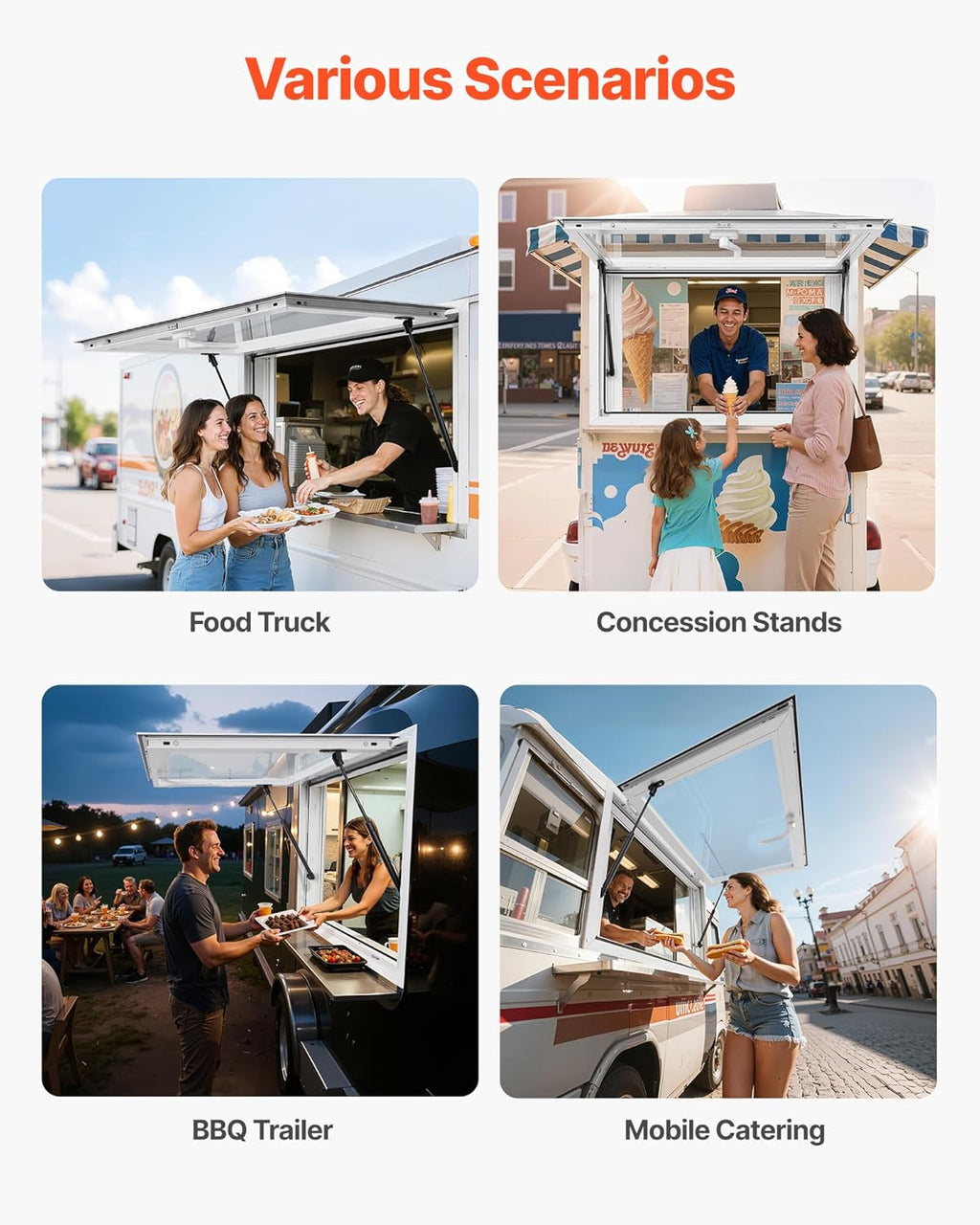 VEVOR Concession Window Aluminum Alloy Frame Service Windows for Food Truck, Up to 85 Degrees Stand Serving Window with Awning Door and Drag Hook (2 left&right sliding windows, 36x24in)