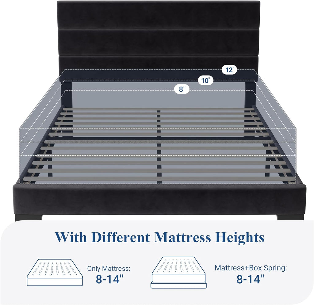 Allewie Queen Size Platform Bed Frame with Velvet Upholstered Headboard and Wooden Slats Support, Fully Upholstered Mattress Foundation/No Box Spring Needed/Easy Assembly, Black