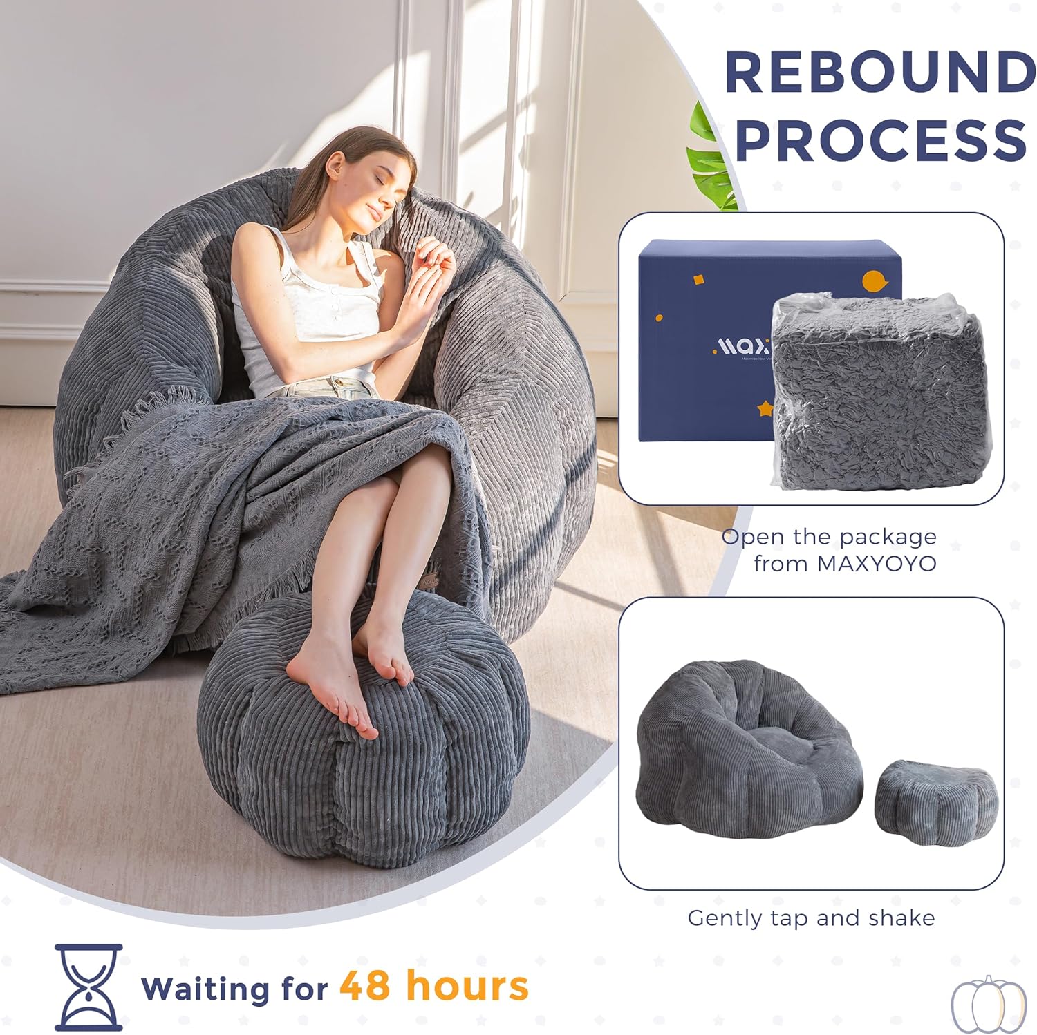 MAXYOYO Giant Bean Bag Chair with Ottoman, Pumpkin-Shaped Bean Bag Sofa with Footstool, Oversized Boneless Couch Chair in a Box, Comfy and Lazy Lounge for Dorm, Living Room, Bedroom, Dark Grey