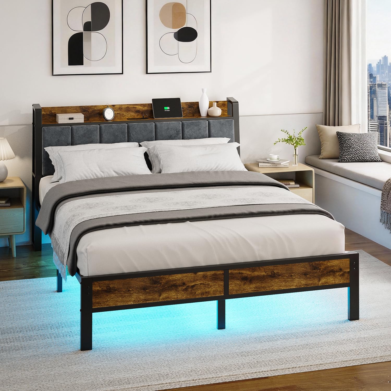 Queen Size Bed Frame with Wood Headboard, Metal Platform Bed with USB Charging Station and Smart LED Lights, No Box Spring Needed, Easy Assembly