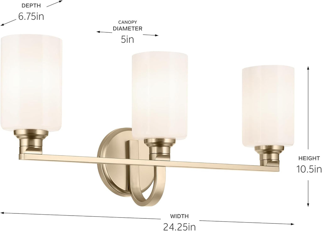 Kichler Gioe 24.25" 3-Light Bathroom Vanity Light Fixture with Opal Glass in Champagne Bronze, Damp Rated for Bathroom, Powder Room, Over Mirror (24.25" W x 10.5" H), 55226CPZ