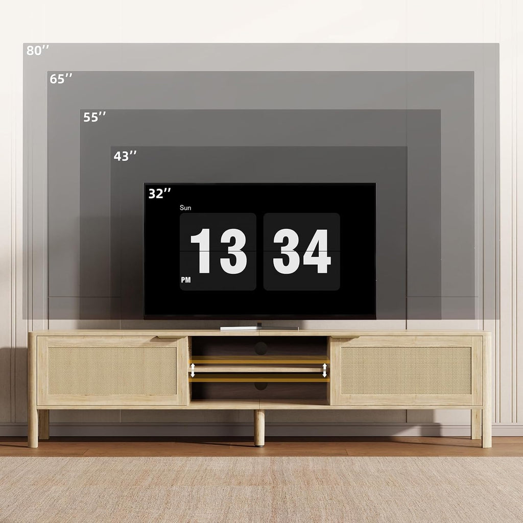 IKALIFE Rattan TV Stand for Living Room - Fits up to 80 Inch TVs, Rattan Media Console Table with Adjustable Shelves & 2 Storage Cabinets, Mid-Century Modern Entertainment Center, Oak 71"