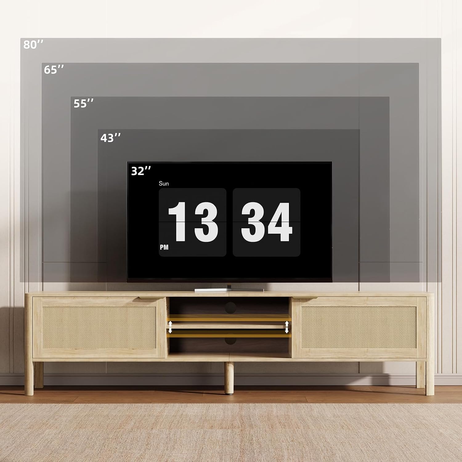 IKALIFE Rattan TV Stand for Living Room - Fits up to 80 Inch TVs, Rattan Media Console Table with Adjustable Shelves & 2 Storage Cabinets, Mid-Century Modern Entertainment Center, Oak 71"