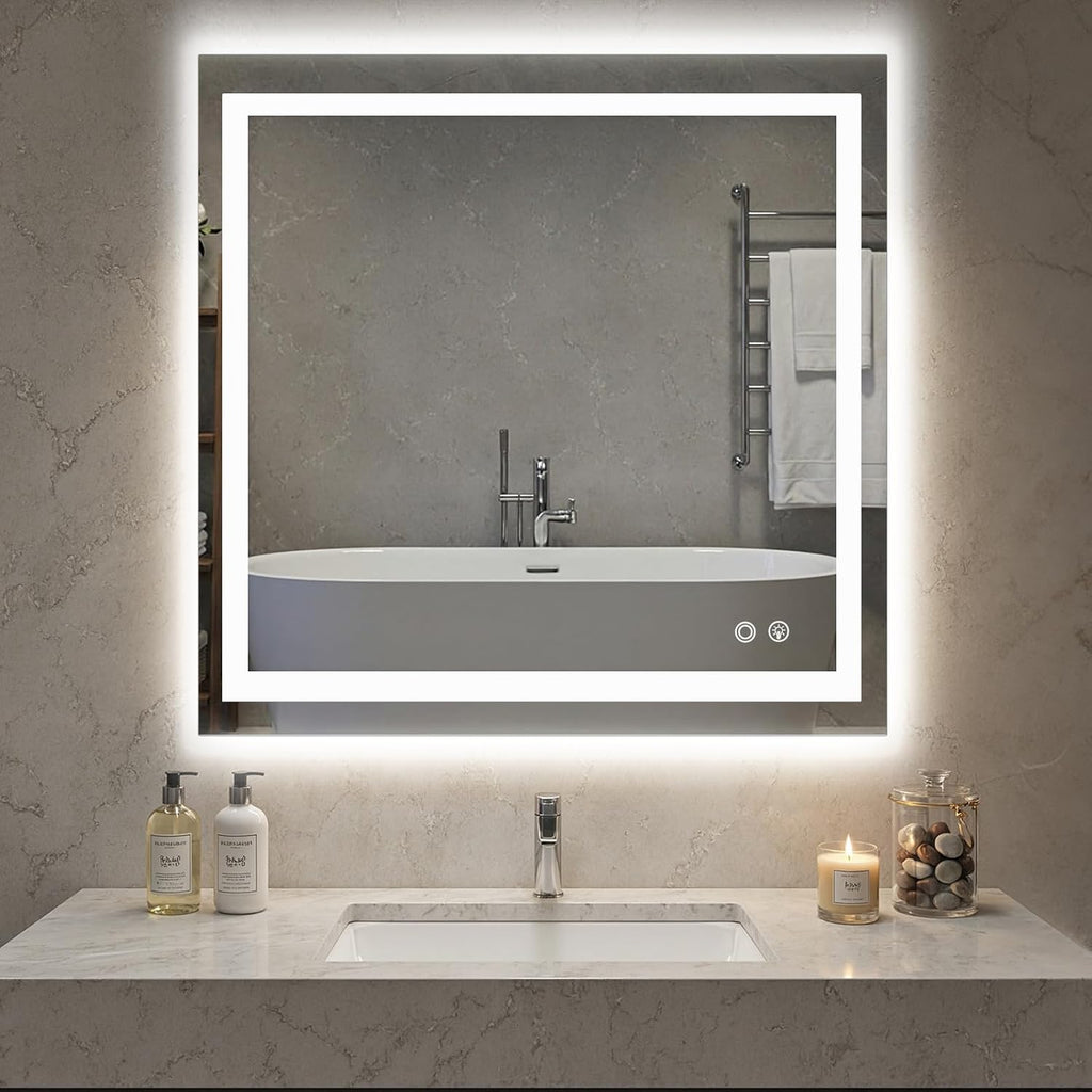 NEWBULIG 36"x36" Smart Anti-Fog LED Bathroom Mirror with Front Light & Backlit, 3 Color Modes, Dimmable, Memory Function, Wall-Mounted Modern Rectangular Vanity Mirror, White