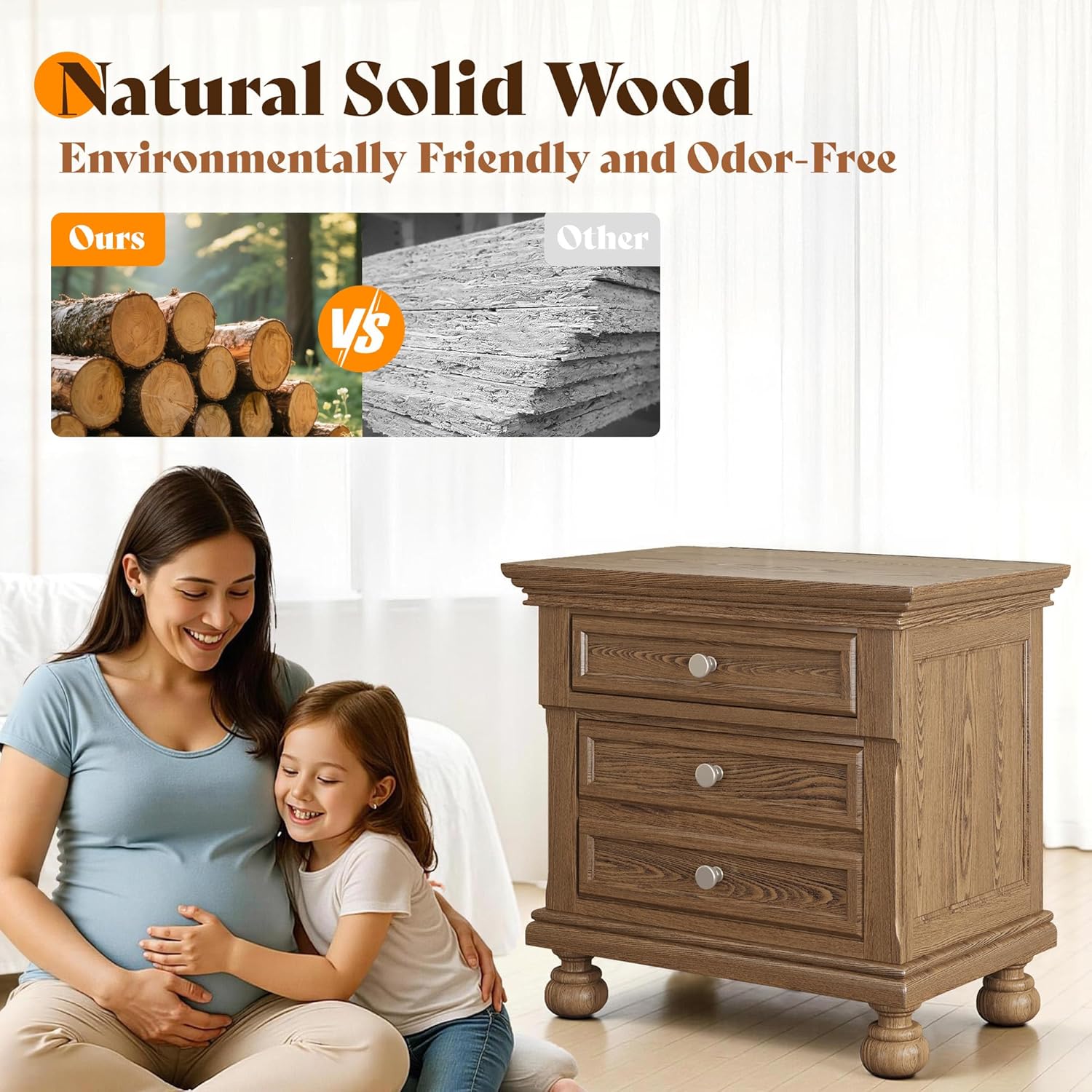 AMERLIFE Solid Wood 3 Piece Bedroom Set Including 65.2" High King Bed Frame, Fully Assembled Nightstands Set of 2 with 2 Storage Drawers for Bedroom, Light Brown